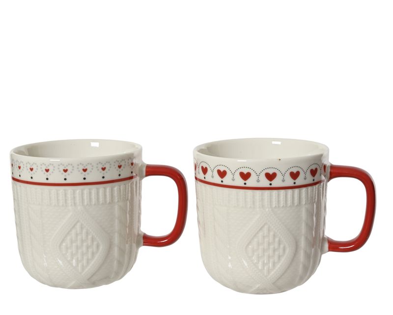 Mug Porcelain Red White Knit - 2 Assorted