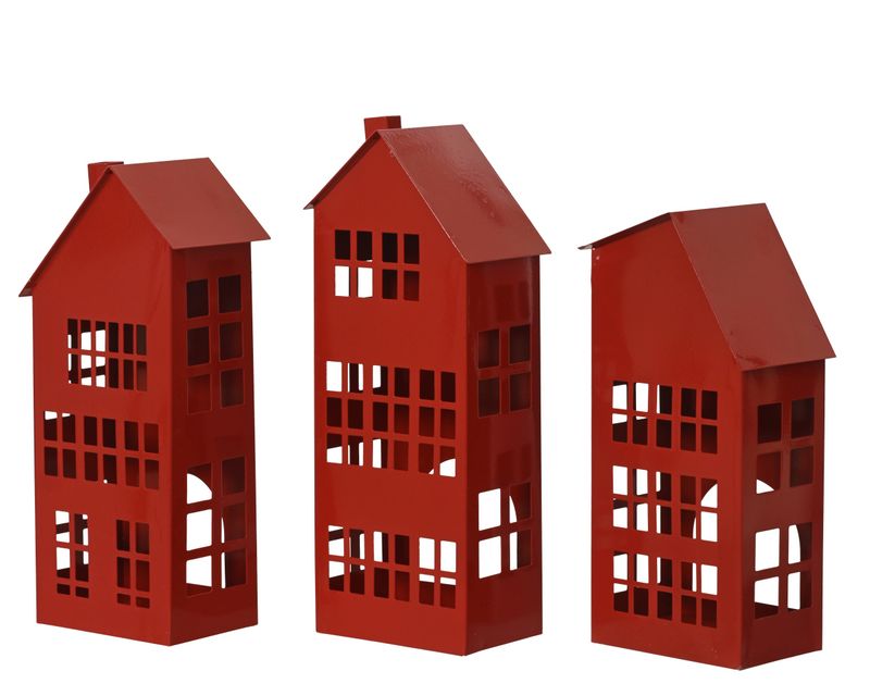 Tealight Holder Metal Red House 3 Assorted