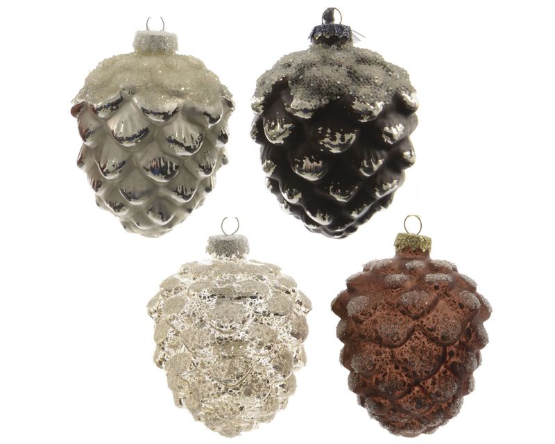 Xmas Ornament Pinecone Glass 8cm - 4 Assorted