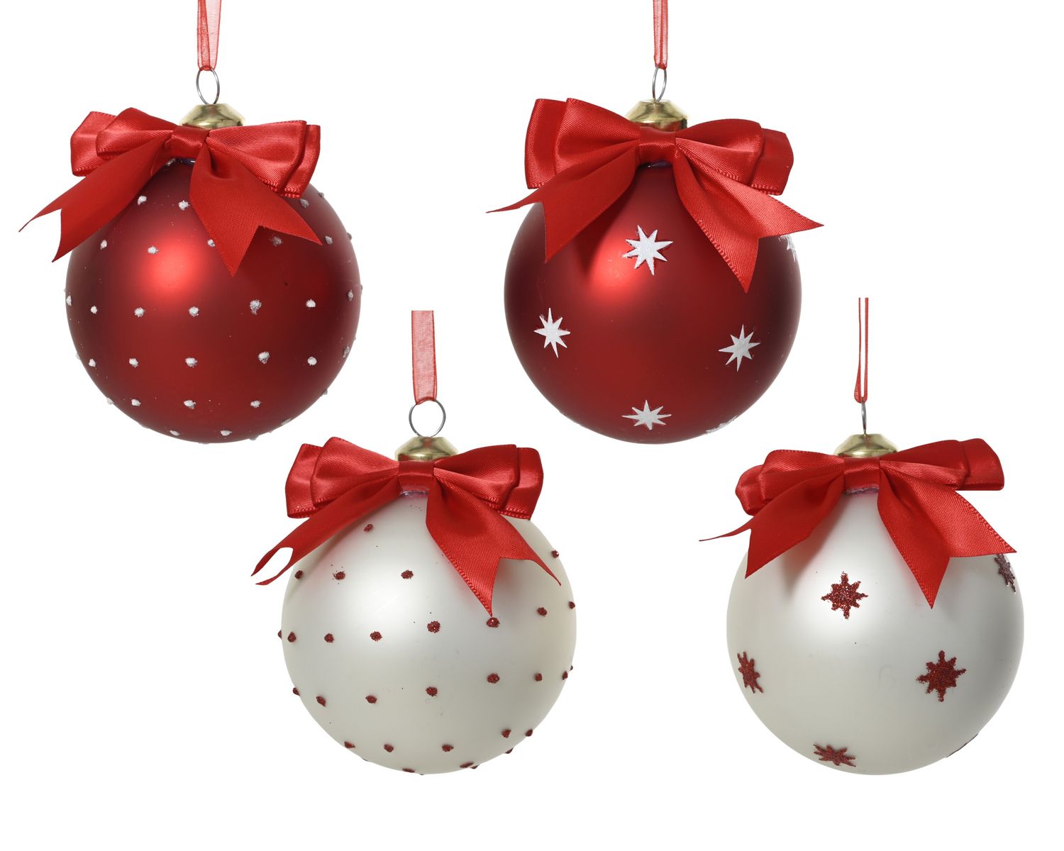 Xmas Ball Glass 8cm  Red White Ribbon - 4 Assorted