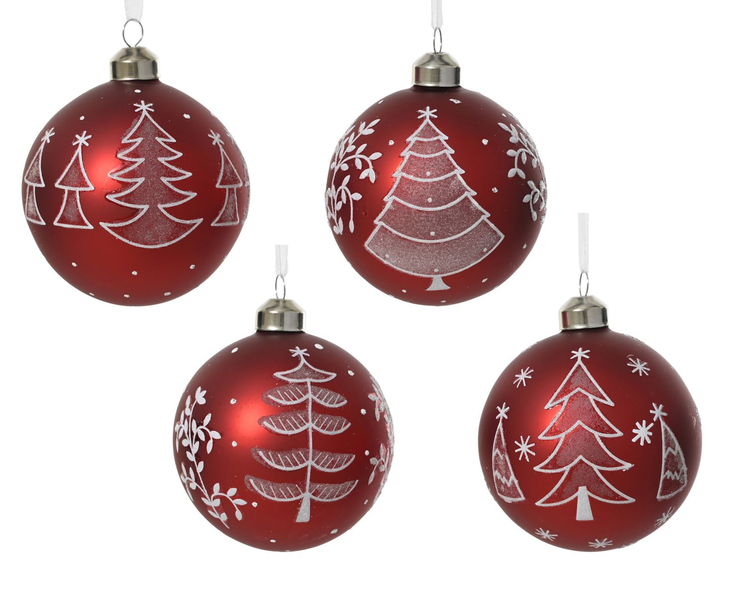 Xmas Ball Glass 8cm Red White Trees - 4 Assorted