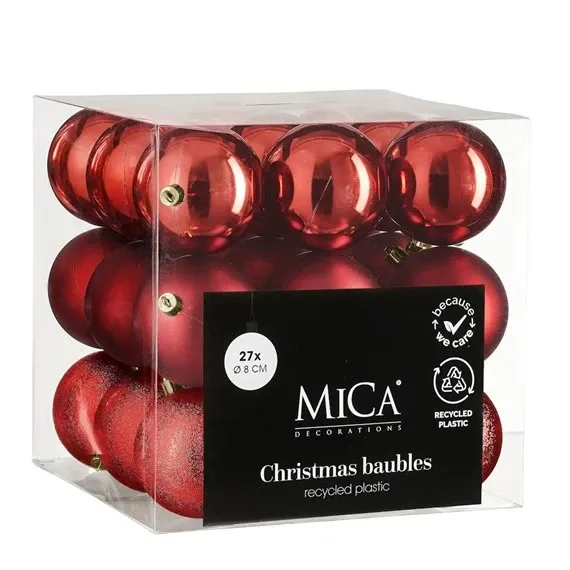 Xmas Ball Shatterproof 8cm Set of 27 Red