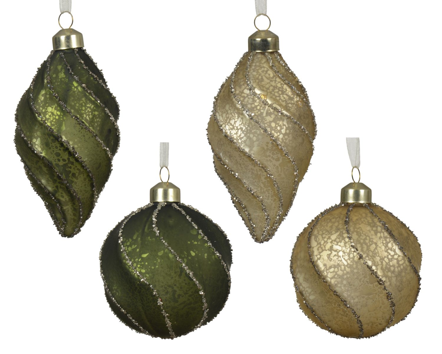 Xmas Ball Glass Green Cream - 4 Assorted