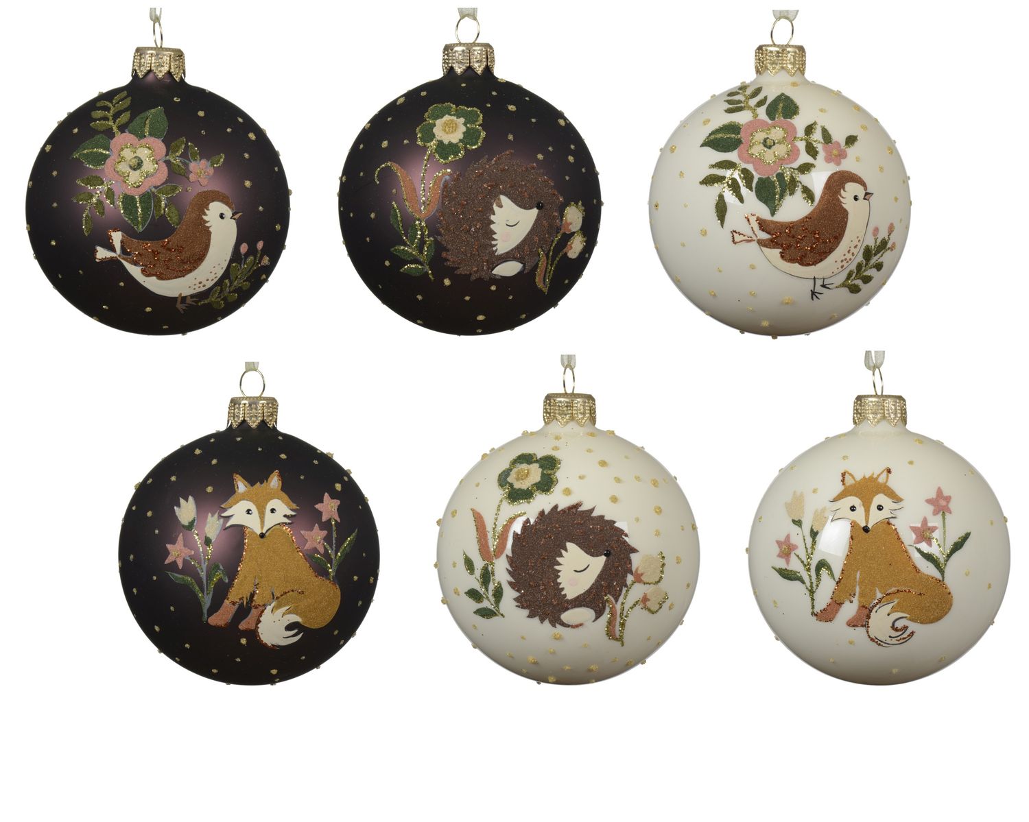 Xmas Ball 8cm Animals Glass - 6 Assorted