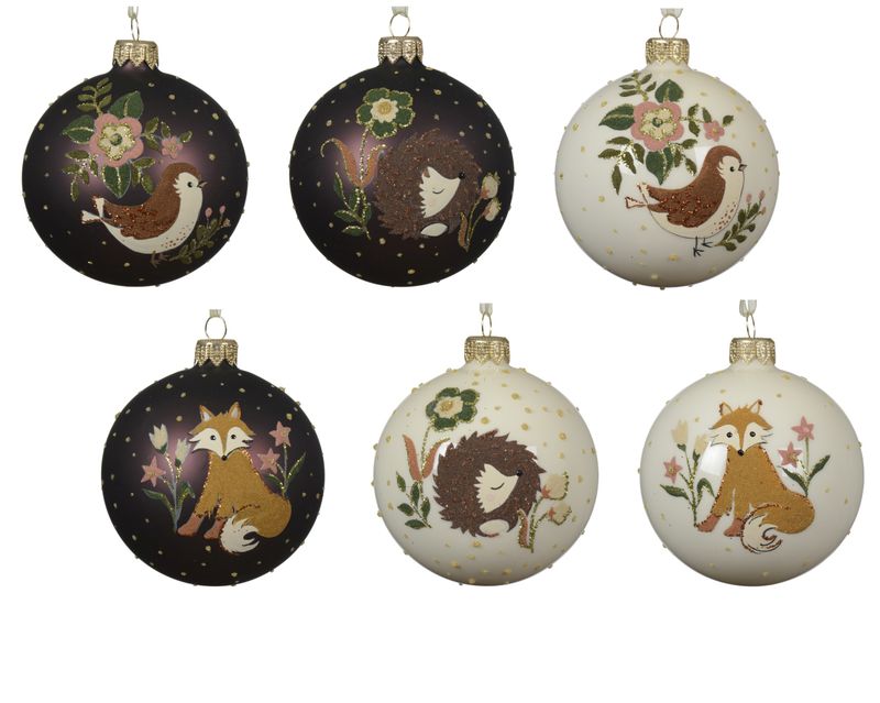 Xmas Ball 8cm Animals Glass - 6 Assorted