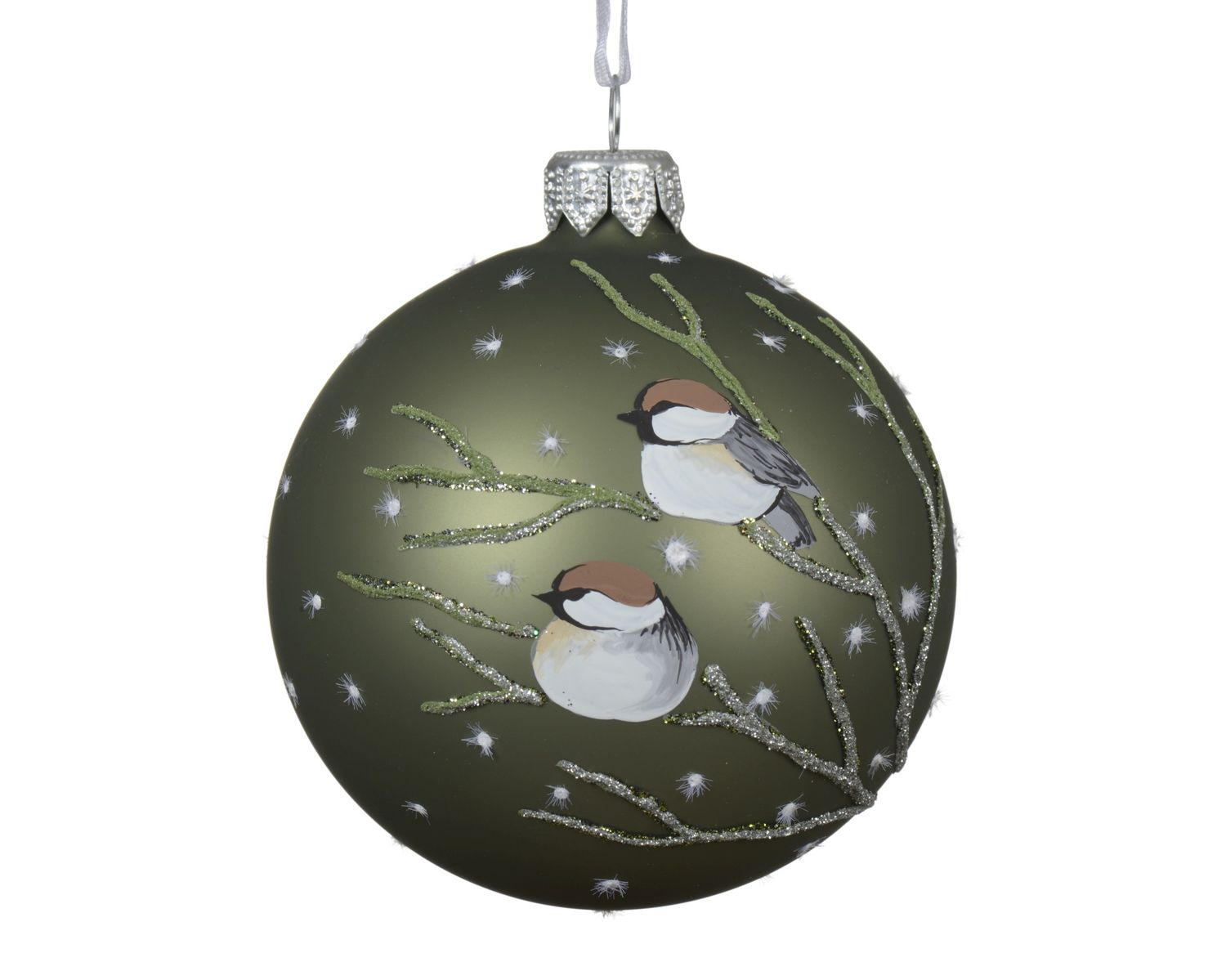 Xmas Ball Glass 8cm Green Birds