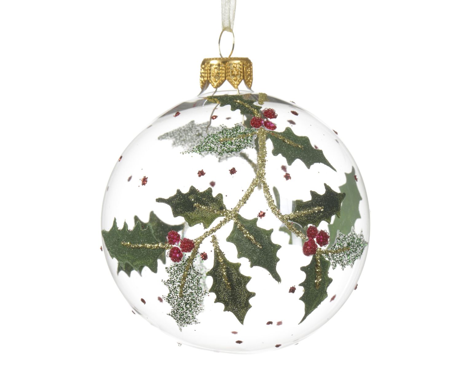Xmas Ball Glass Clear 8cm Holly