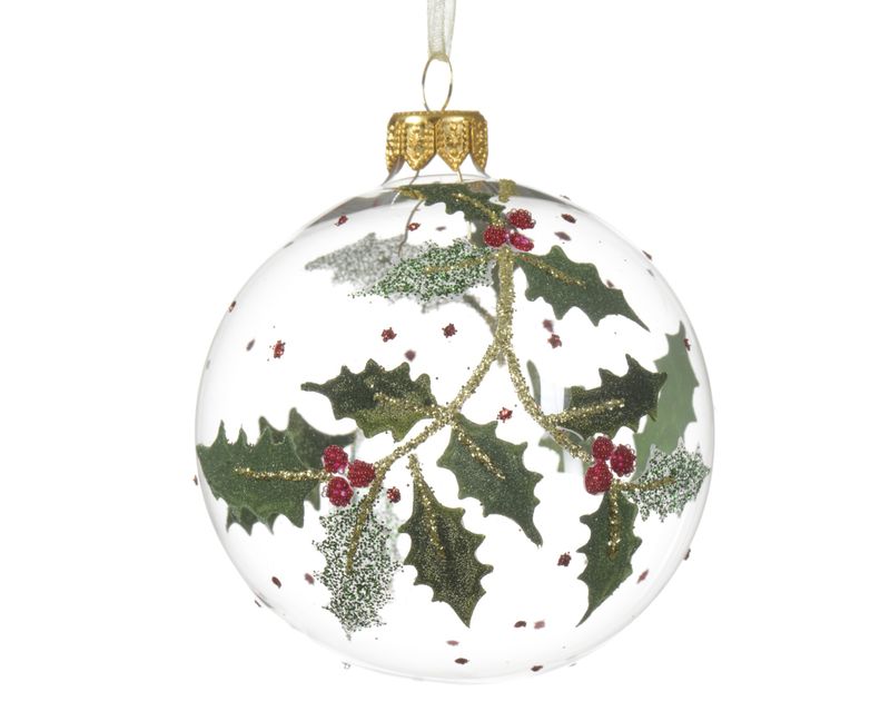Xmas Ball Glass Clear 8cm Holly
