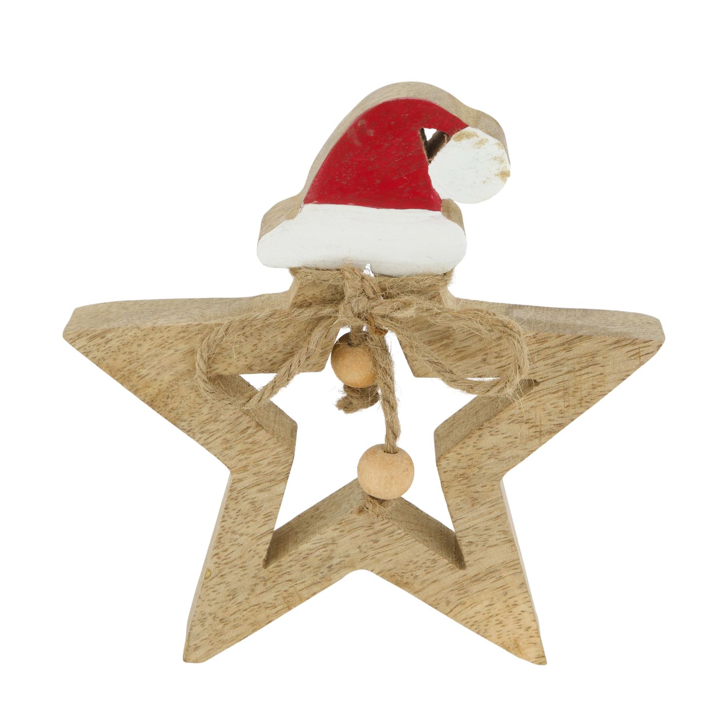 Star With Santa Hat Mango Wood 14cm