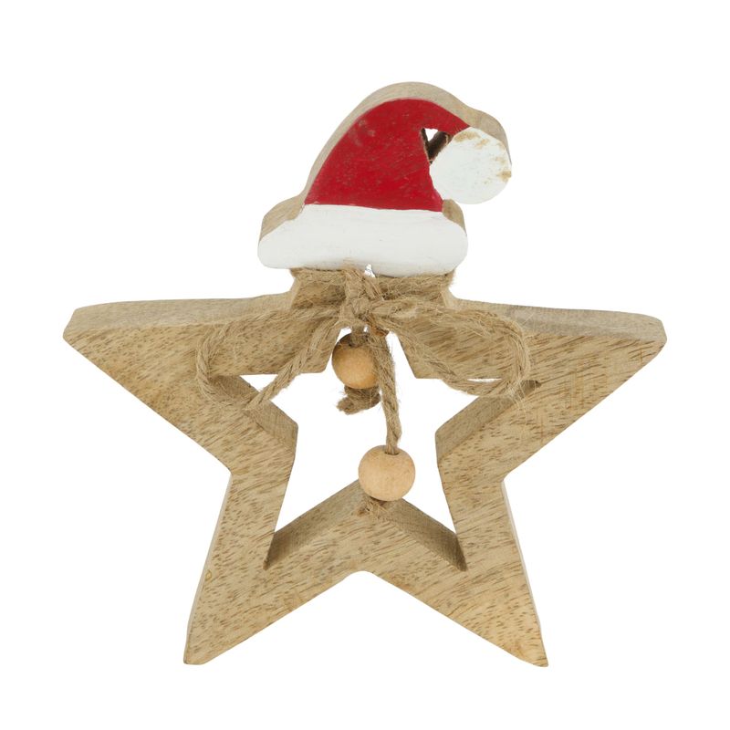 Star With Santa Hat Mango Wood 14cm