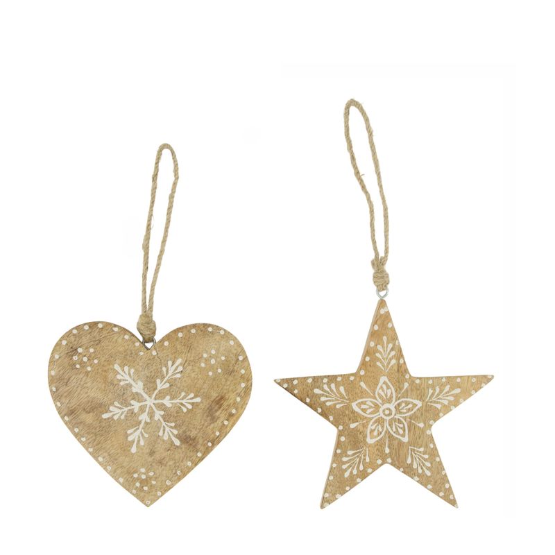 Xmas Hanger Mango Wood 14cm Heart Star White