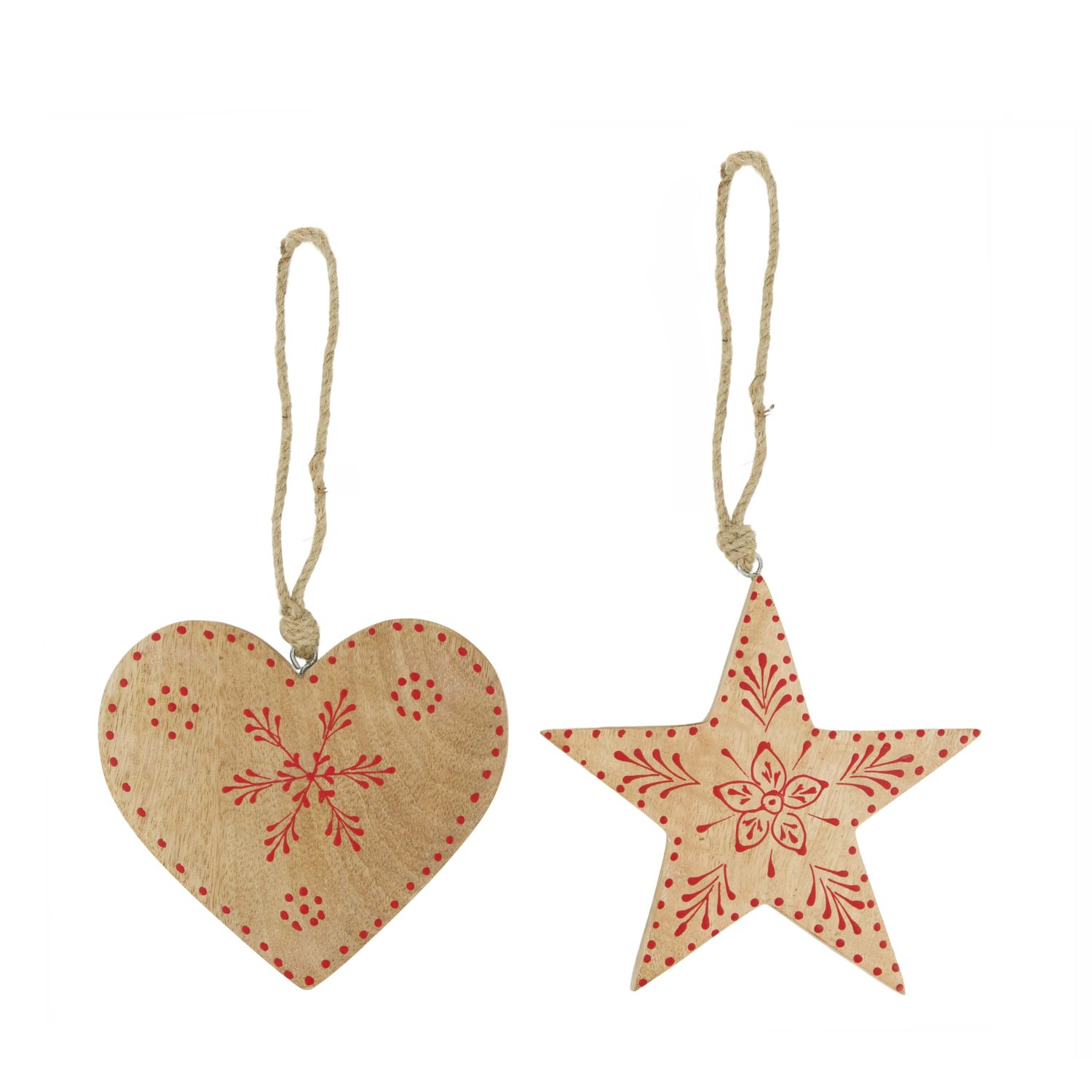 Xmas Hanger Mango Wood 14cm Heart Star Red