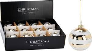 Xmas Ball 8cm Glass Gold White