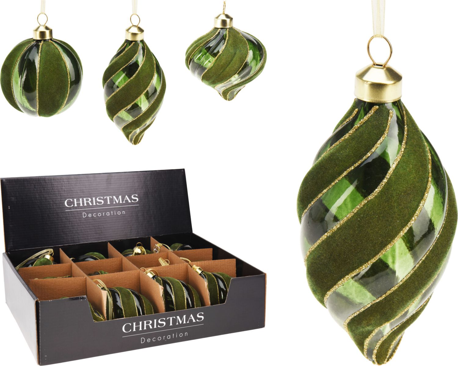 Ornament Glass 8cm Green Velvet - 3 Assorted