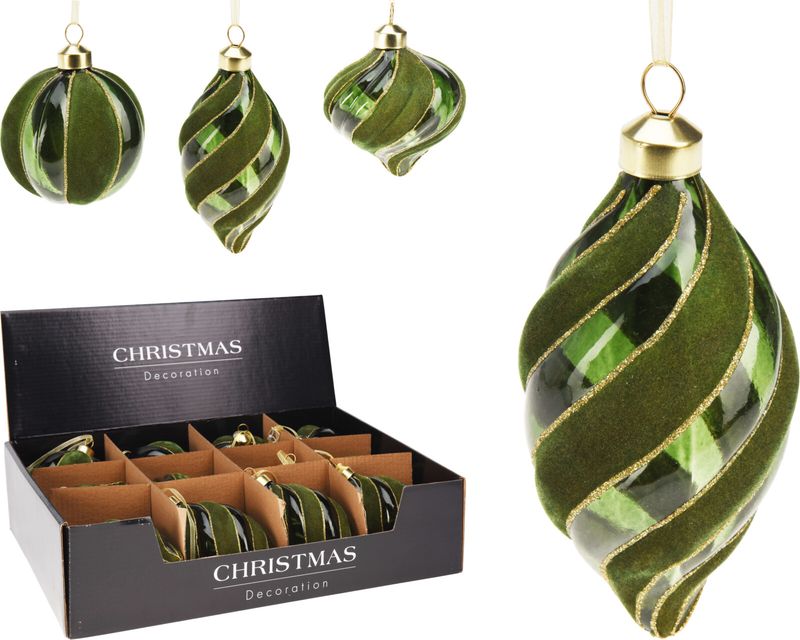 Ornament Glass 8cm Green Velvet - 3 Assorted