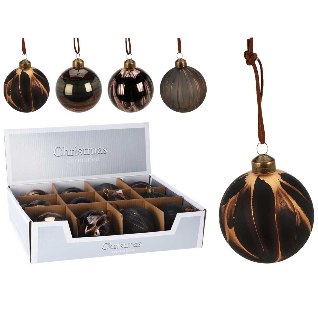 Xmas Ball 8cm Marble Black 4 Assorted