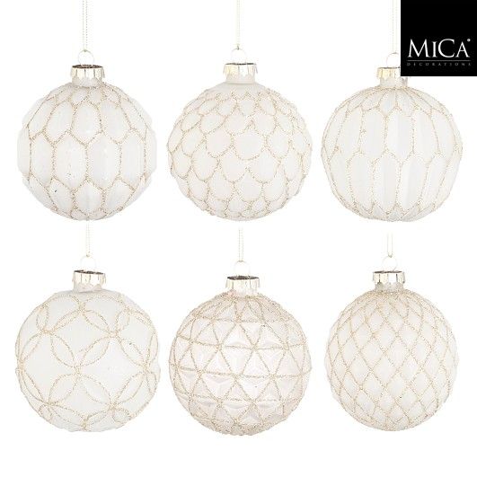 Xmas Ball Glass White 6 Assorted - H8x8cm