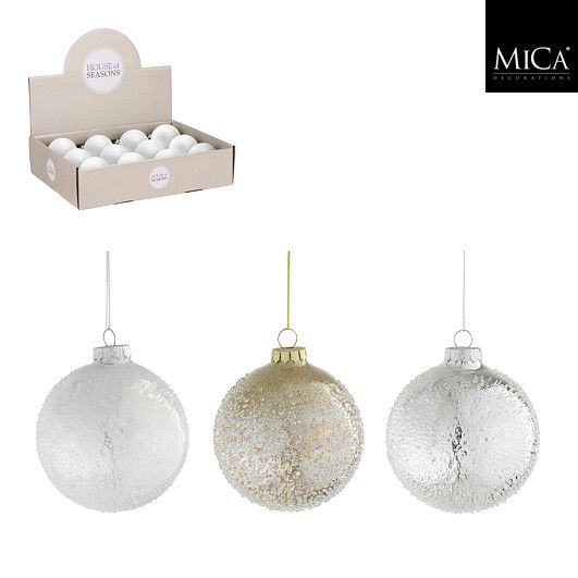 Xmas Ball Glass White Silver Gold 3 Assorted