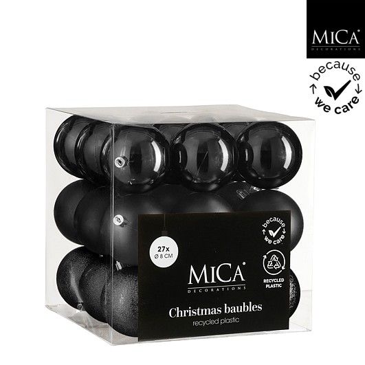 Xmas Ball Shatterproof 8cm Set of 27 - Black