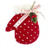 Xmas Ornament Mitten - Knitted Red White Fur Trim Ribbon 8"