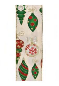 Wired Ribbon 2.5x10 yards - Ivory Twill Xmas Balls &amp; Finials