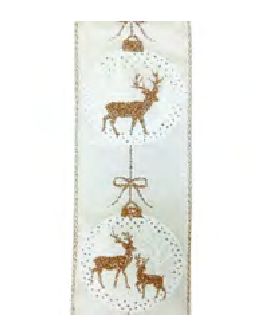 Wired Ribbon 2.5x10 yards - Ivory withGold Reindeer In Balls