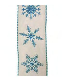 Wired Ribbon 2.5x10 yards - White Blue Snowflakes