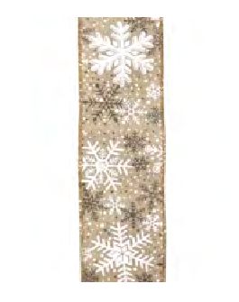 Wired Ribbon 2.5x10 yards - Natural White Brown Glitter Snowflakes