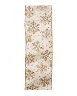 Wired Ribbon 2.5x10 yards - Ivory with Gold Glitter Snowflakes