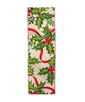 Wired Ribbon 2.5x10 yards - Ivory Holly Red Berries Ribbon
