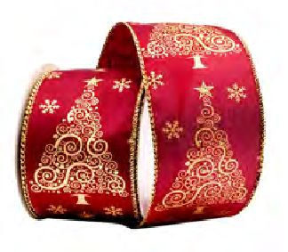 Wired Ribbon 2.5x10 yards - Burgundy Swirly Curly Trees