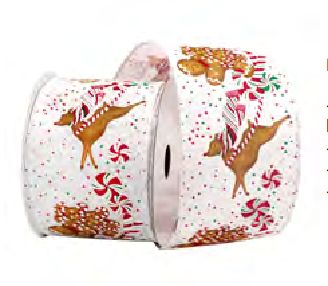 Wired Ribbon 2.5x10 yards - White Red Gingerbread Swirl Candies