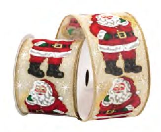 Wired Ribbon 2.5x10 yards - Natural Traditional Santa