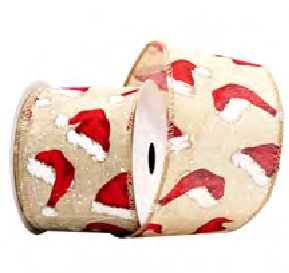 Wired Ribbon 2.5x10 yards - Natural Red Santa Hat