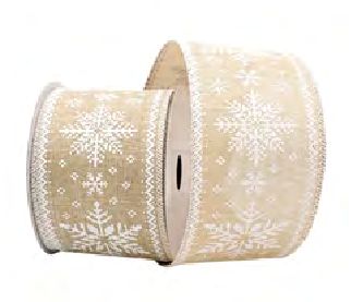 Wired Ribbon 2.5x10 yards - Burlap White Embriodered Snowflakes