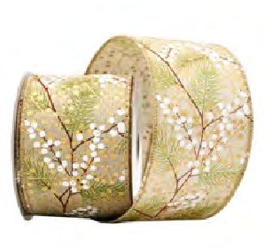 Wired Ribbon 2.5x10 yards - Natural Green Pine Needles &amp; Gold White Berries