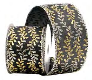 Wired Ribbon 2.5x10 yards - Black Gold Silver Floral Leaf Vines