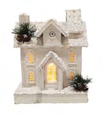 House Wooden Snow-Covered - Pine Cone &amp; Glitter 10-Led Light B/O 13"