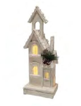 House Wooden Snow-Covered - Pine Cone &amp; Glitter 10-Led Light B/O 18"