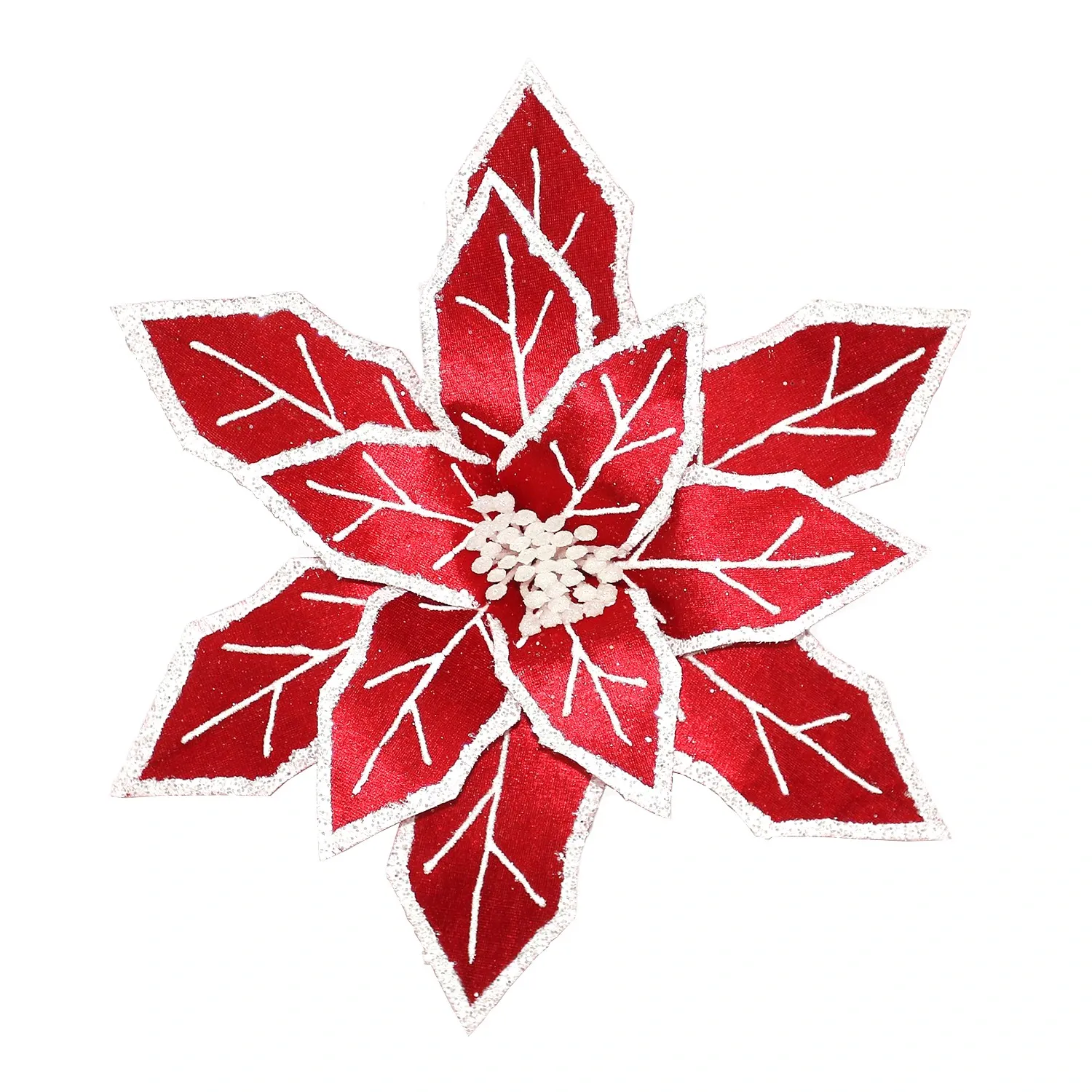 Poinsettia Head Red 12&quot; Velvet with White Glitter and Clip