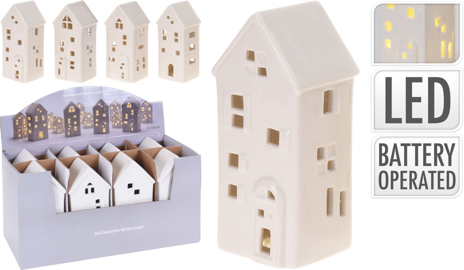 House With Led - 4 Assorted, Size: 16cm
