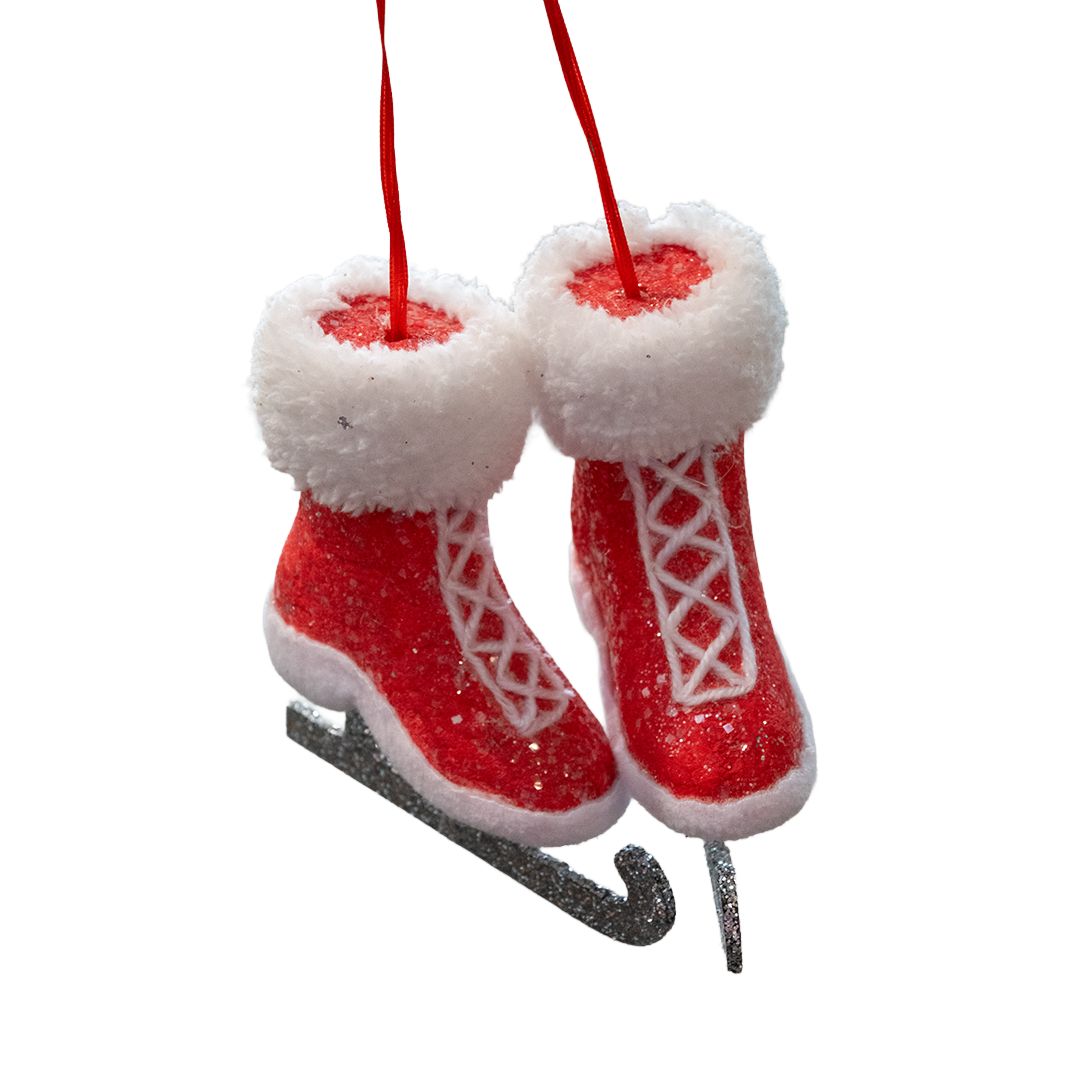 Xmas Ornament Candy Ice Skates 2" Red White Fur Glitter