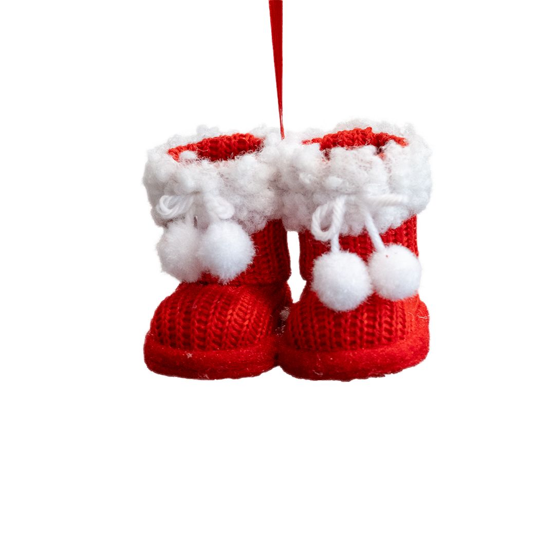 Xmas Ornament Fabric Boots 3&quot; Red Knitted Wool Fur Trim
