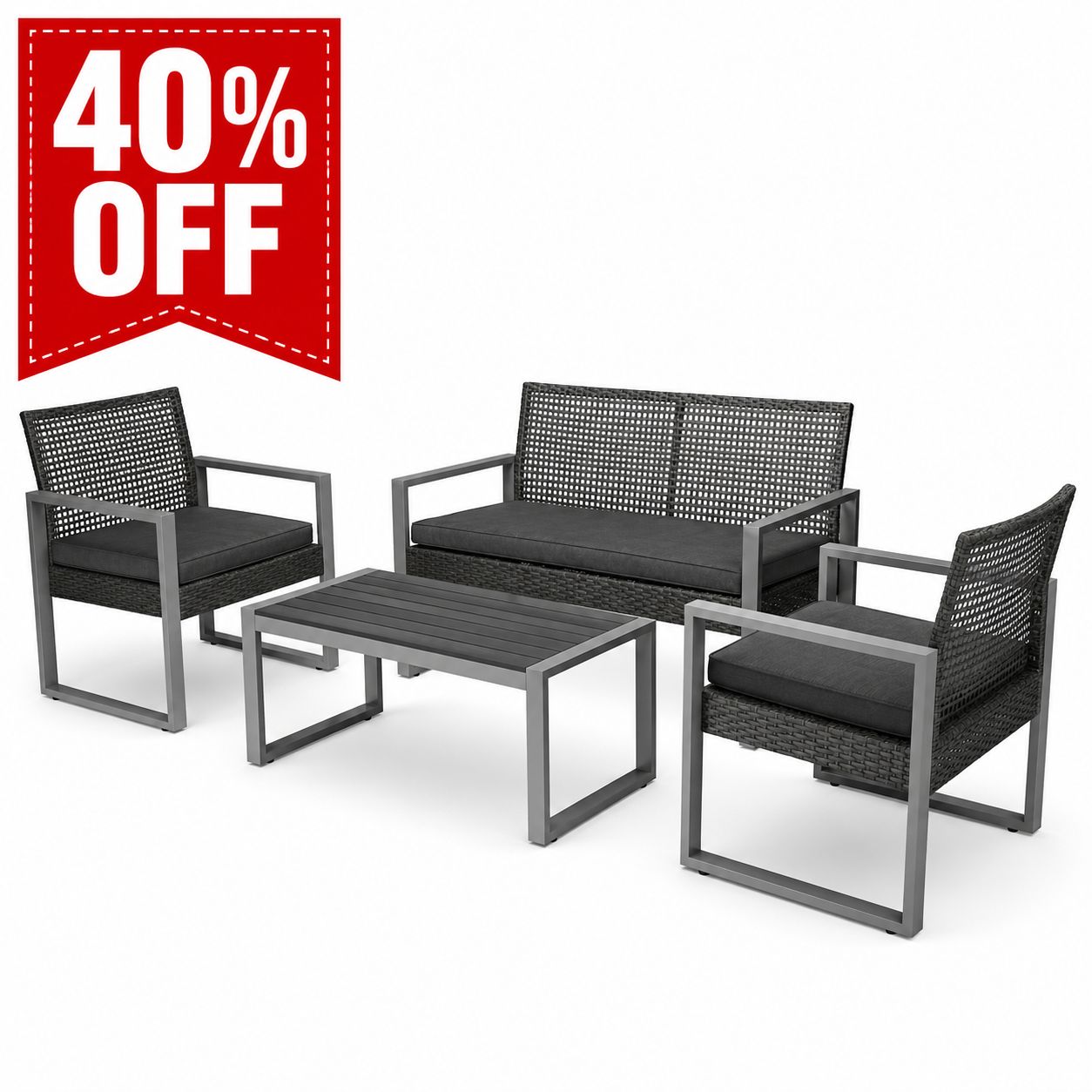 Patio Furniture Set of 4 Steel/Rattan Black
