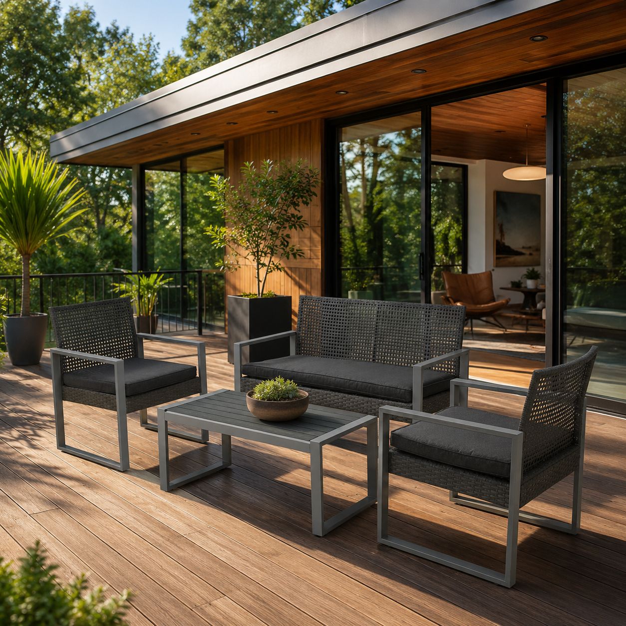 Patio Furniture Set of 4 Steel/Rattan Black
