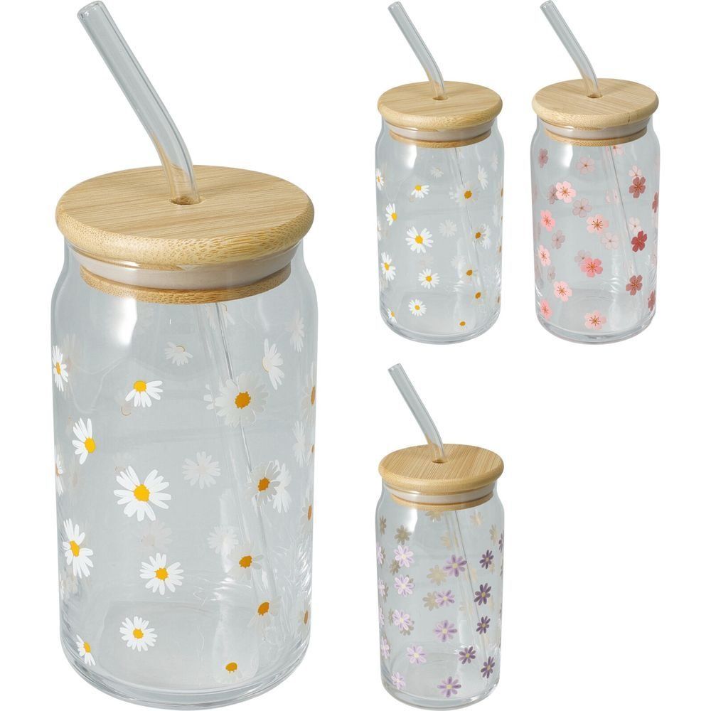 Drinking Glass Flowers 500ml with Lid and Straw - 3 Assorted