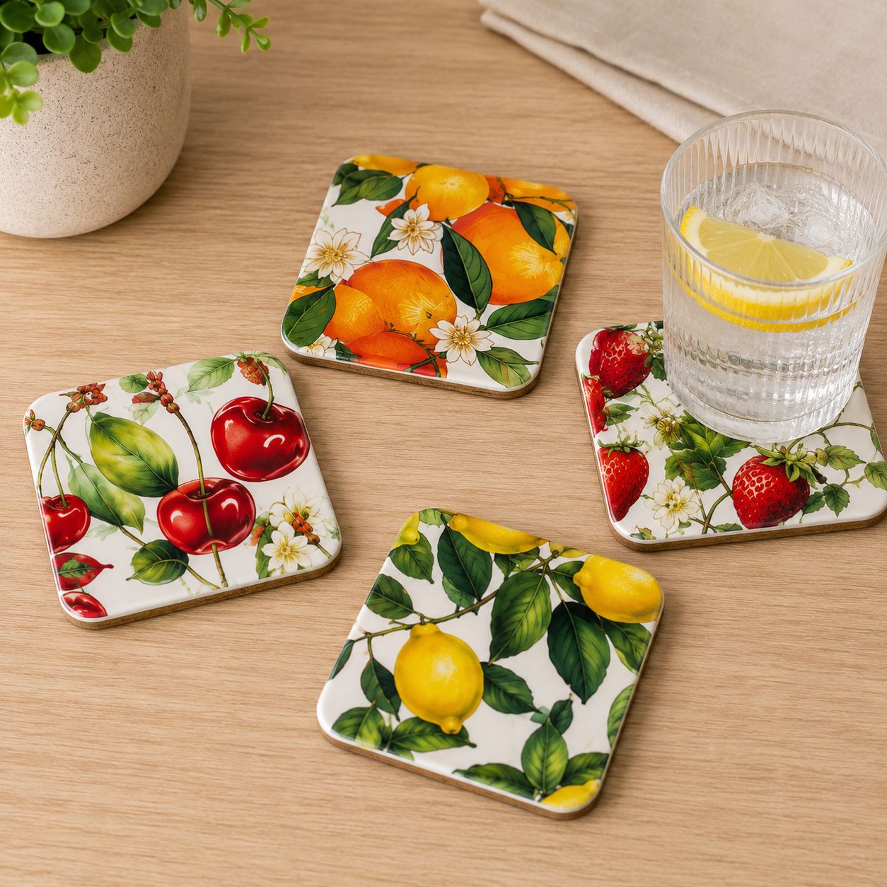 Coaster Square Fruit Ceramic 10cm  - 5 Assorted