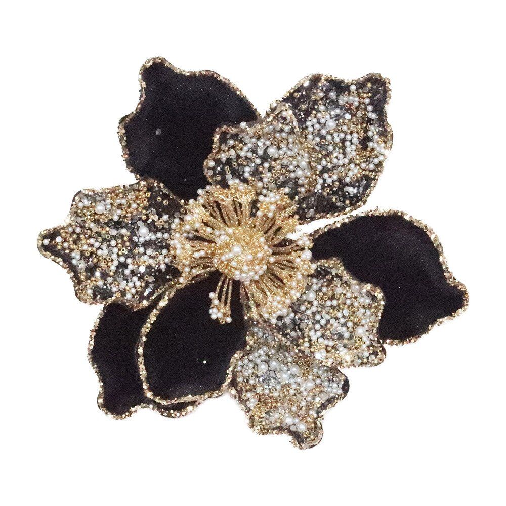 Magnolia Head 8" Velvet with Beads Sequins Glitter Black Gold