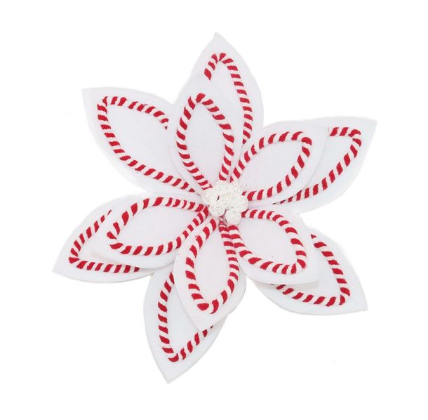 Poinsettia Head Candy Cane 13" Velvet Glitter White Red