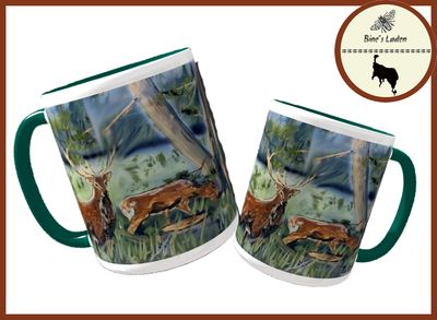 Kaffeetasse mit Künstlerfoto &quot;Hirschfamilie&quot; (innen grün)